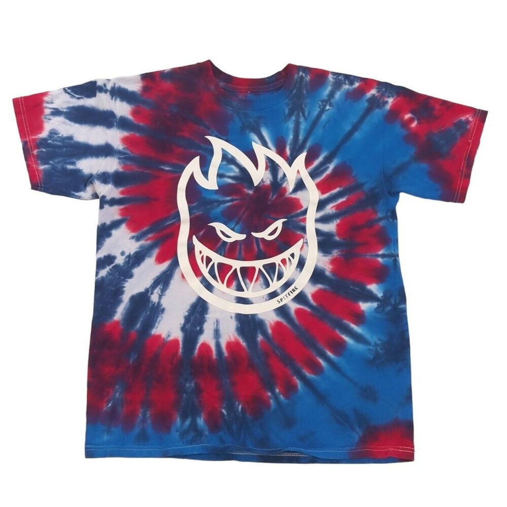 Spitfire Wheels Men's Medium Red White Blue Tie Dye Short Sleeve T-Shirt.